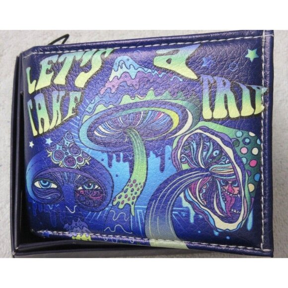 Lets Take a Trip Psychedelics Magic Mushroom Print Bi-Fold Vegan Leather Wallet - Picture 3 of 5